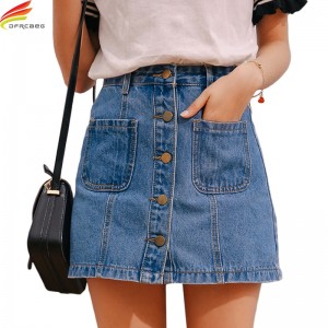 Denim Skirt High Waist A-line Mini Skirts Women Single Button Pockets Blue Jean Skirt Style